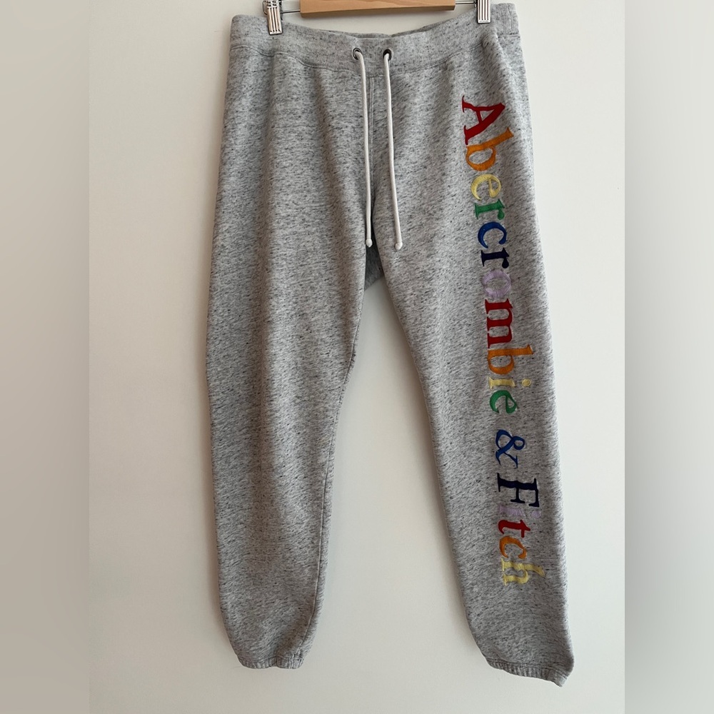 ABERCROMBIE & FITCH Grey Pull On Jogger Pants Rainbow Embroidery Brand Spell Out